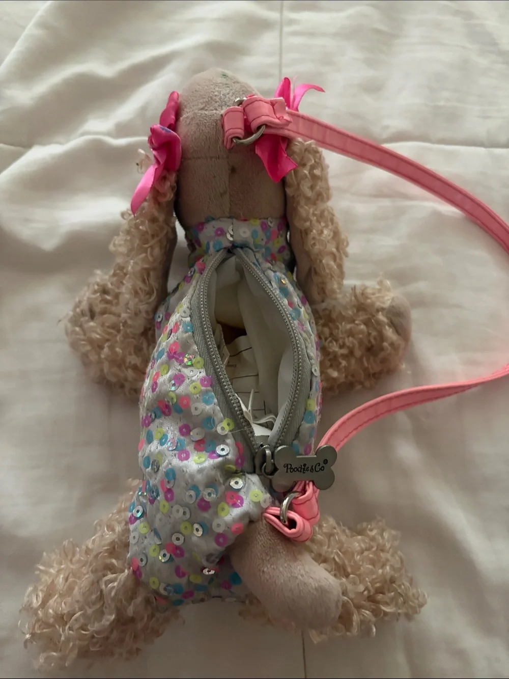 Poochie & Co Sequin Puppy Crossbody Bag with Pink Strap